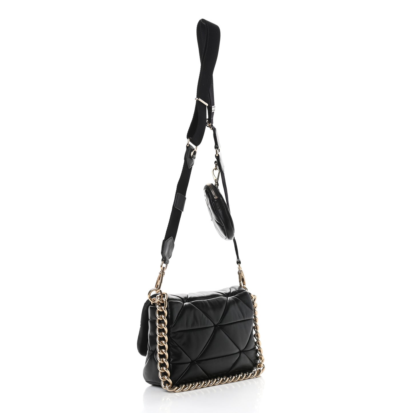 Nappa Re-Nylon Triangle Quilted Patchwork System Flap Shoulder Bag Black