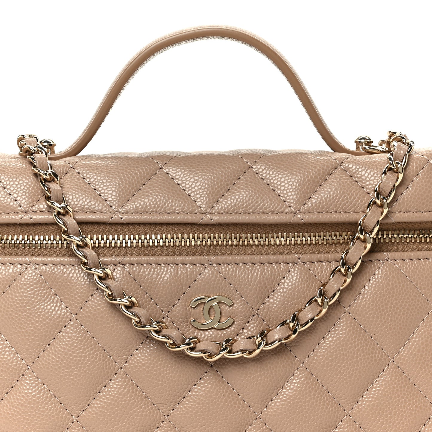 Caviar Quilted Top Handle Slim Vanity With Chain Dark Beige