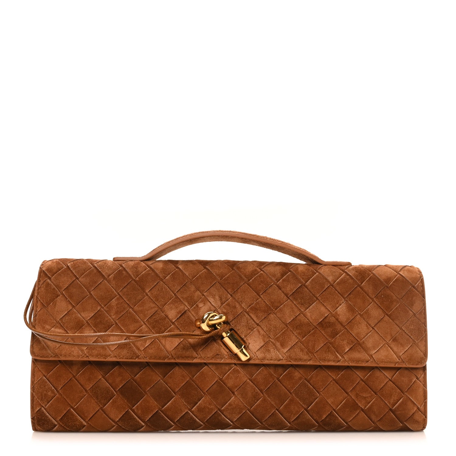 Bottega Veneta Suede Intrecciato Long Andiamo Top Handle Clutch Amber 1 of 7