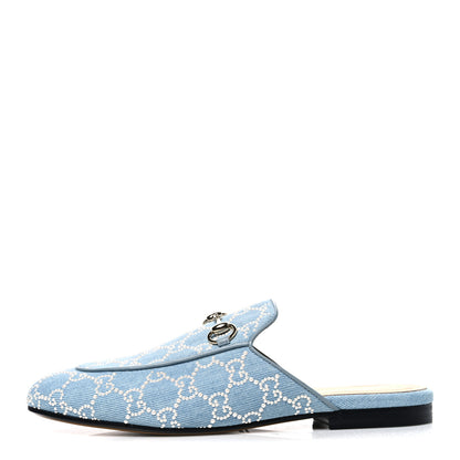 Gucci GG Denim Monogram Pearl Womens Princetown Slippers 38 Light Blue 1 of 10