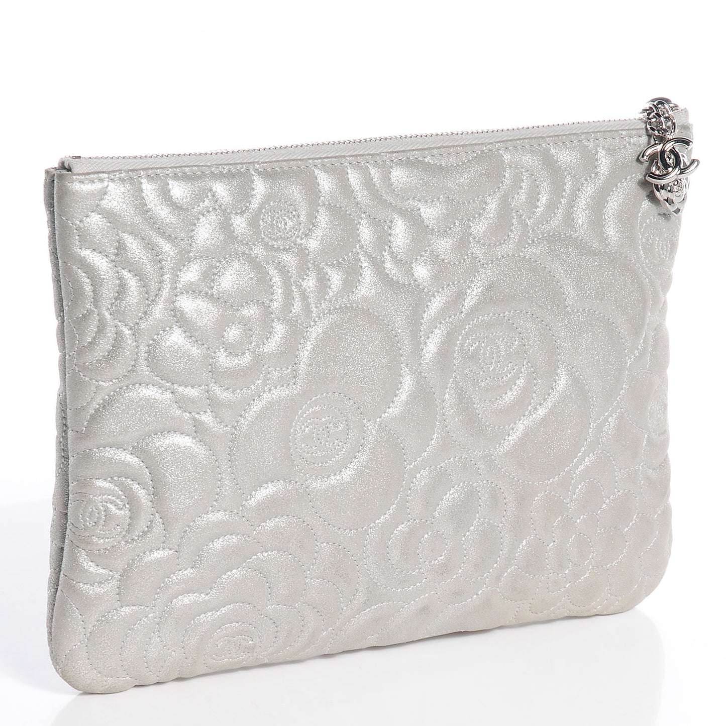 Goatskin Camellia Stitched Medium Cosmetic Case Silver