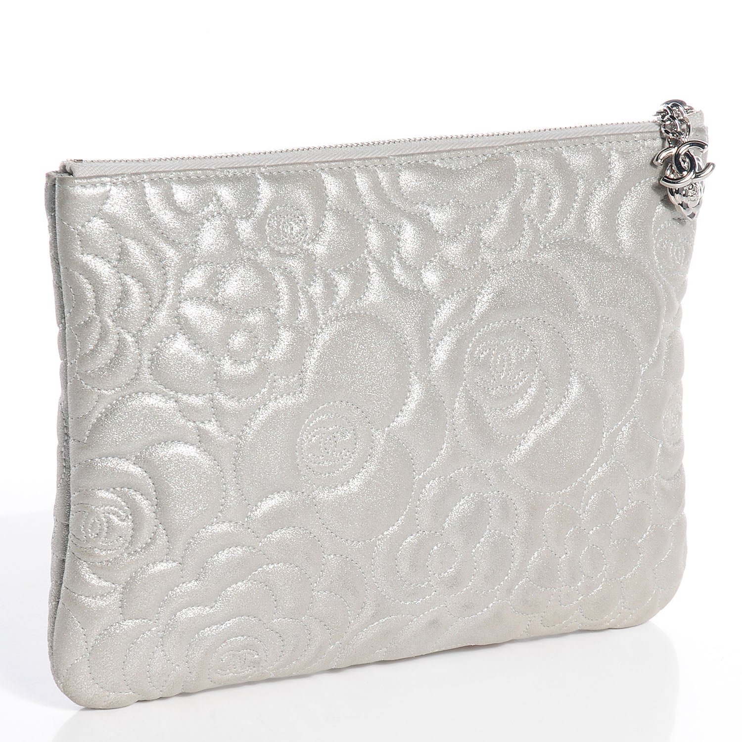 Chanel Goatskin Camellia Stitched Medium Cosmetic Case Silver 3 of 9