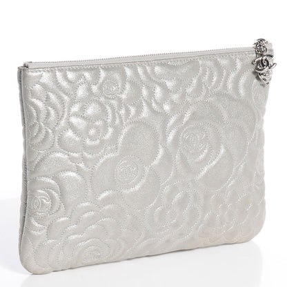 Chanel Goatskin Camellia Stitched Medium Cosmetic Case Silver 3 of 9