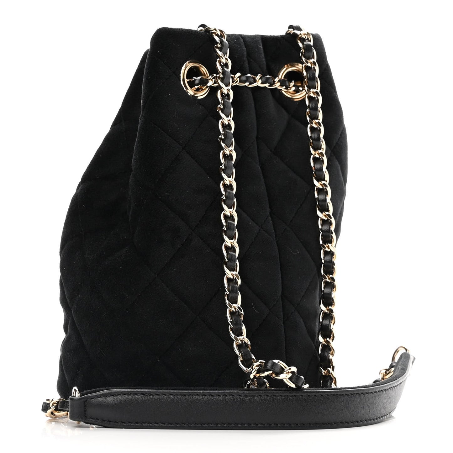 Velvet Quilted Pearl Crush Drawstring Bag Black