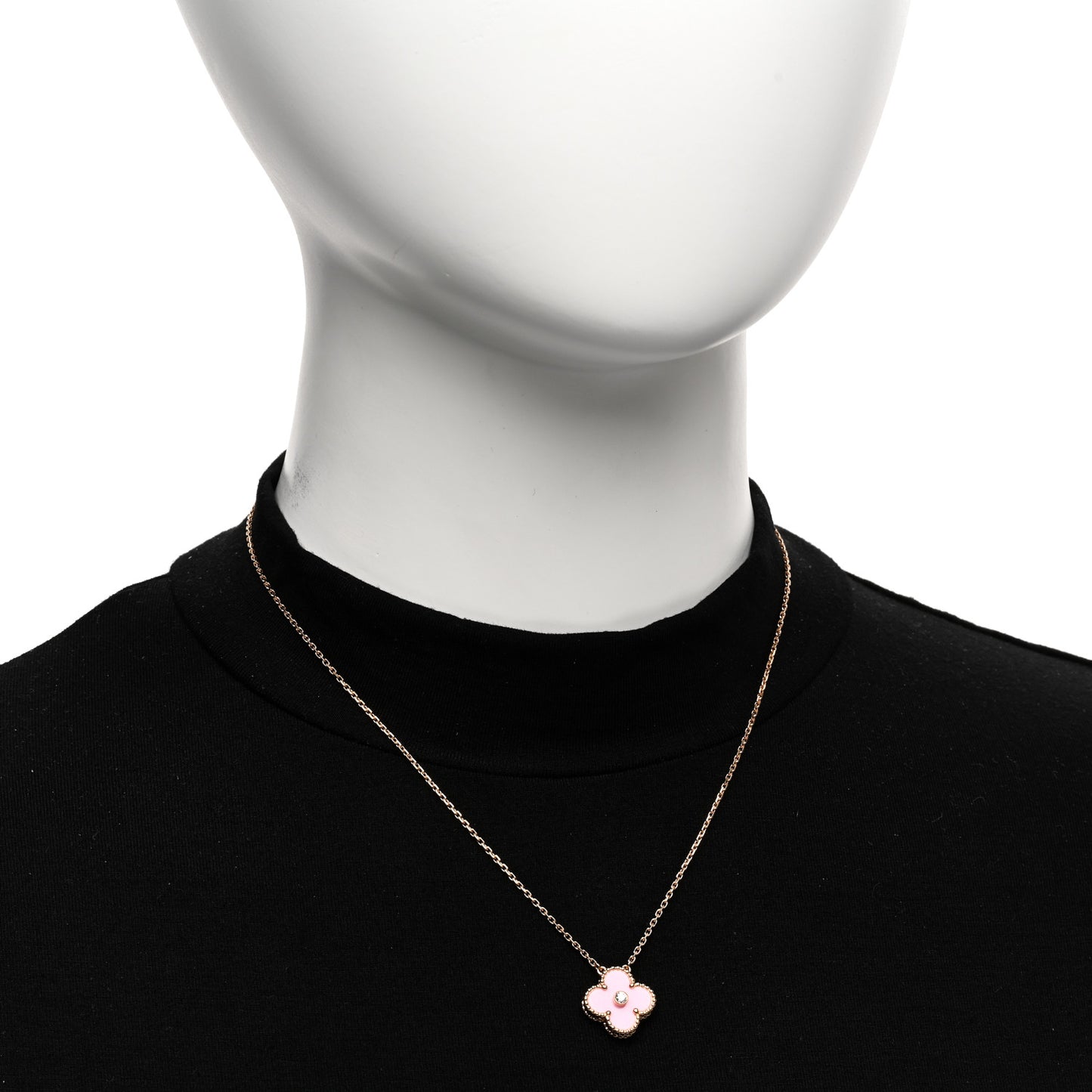 18K Rose Gold Diamond Pink Porcelain Vintage Alhambra Pendant Necklace