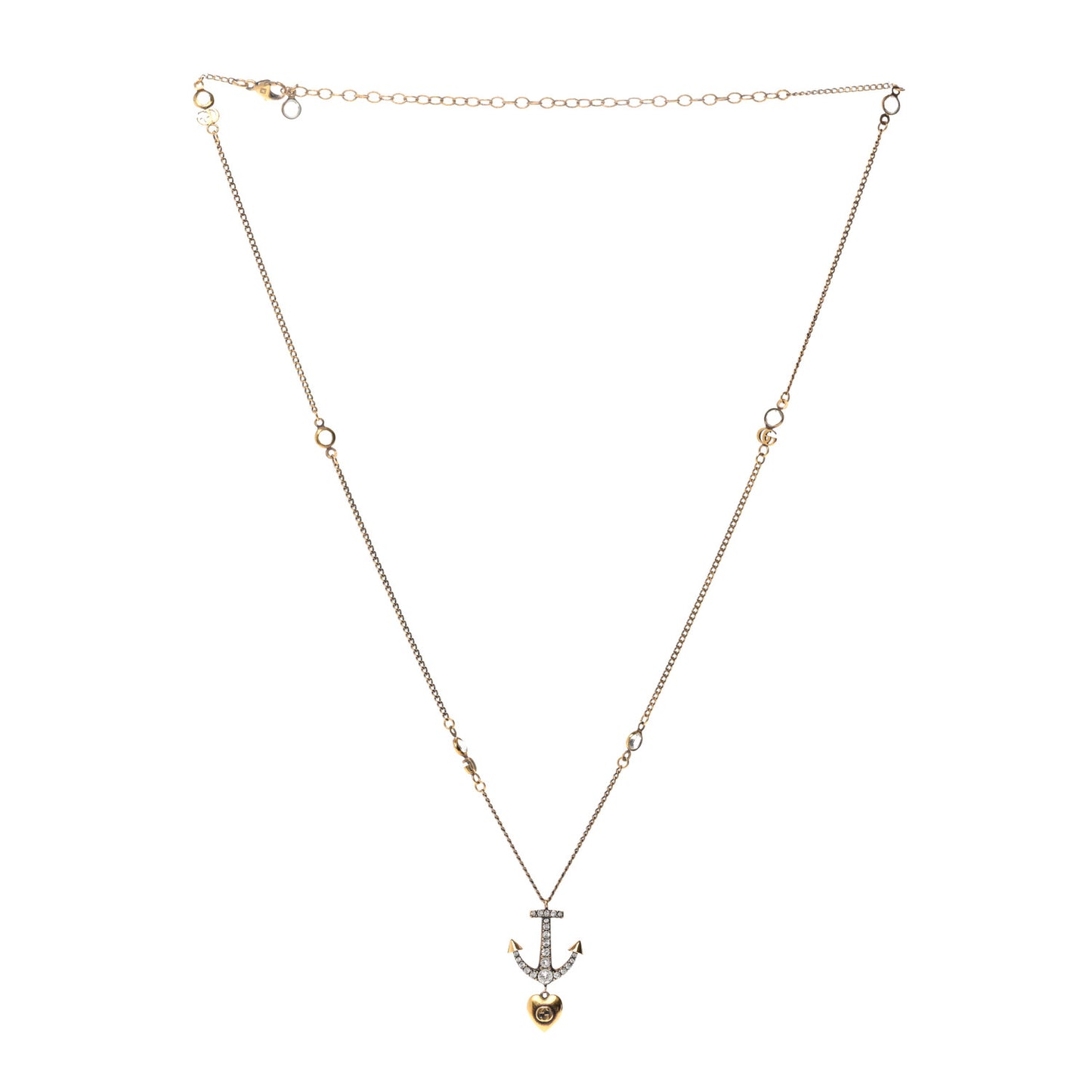 Crystal Anchor Heart Double G Necklace Aged Gold