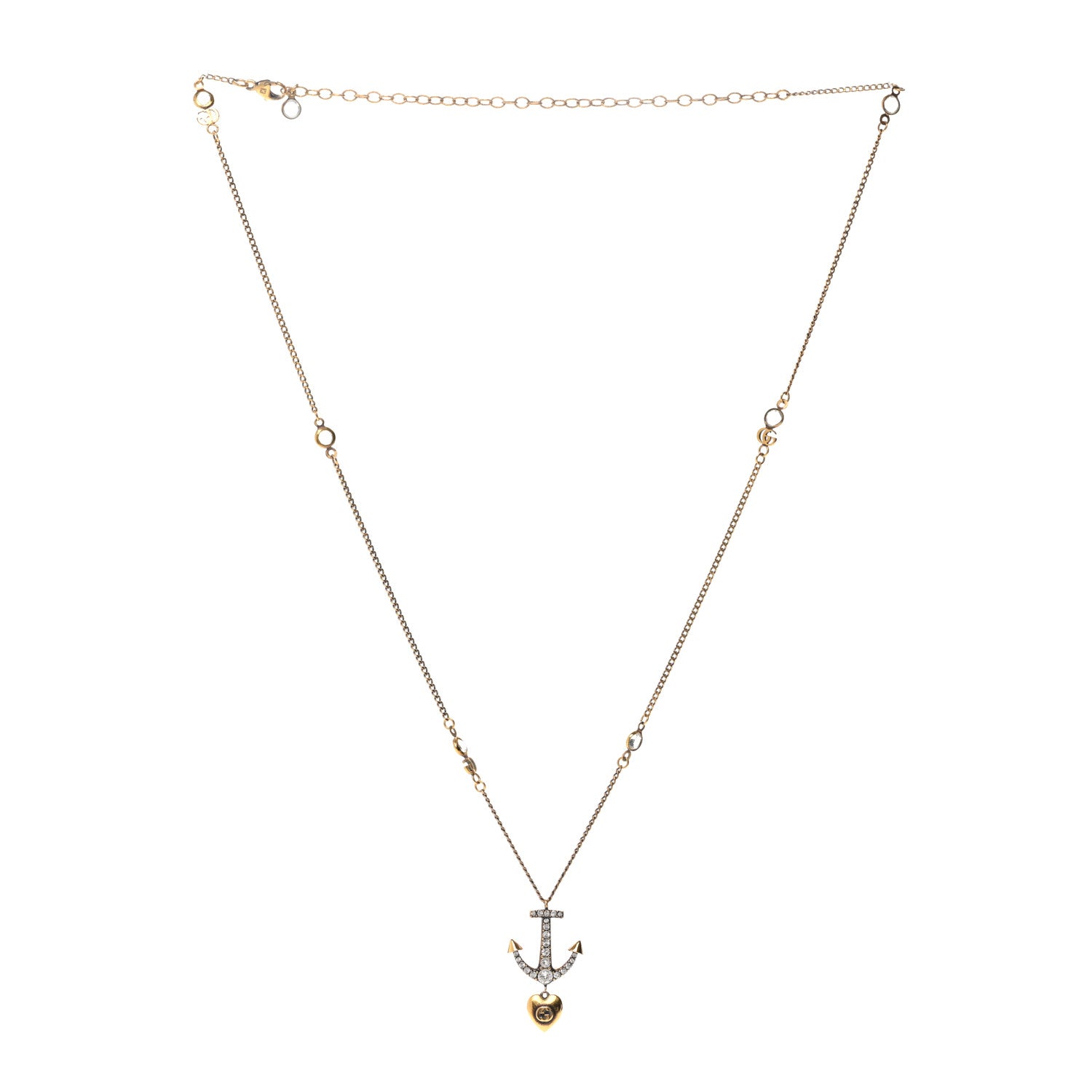 Gucci Crystal Anchor Heart Double G Necklace Aged Gold 3 of 6