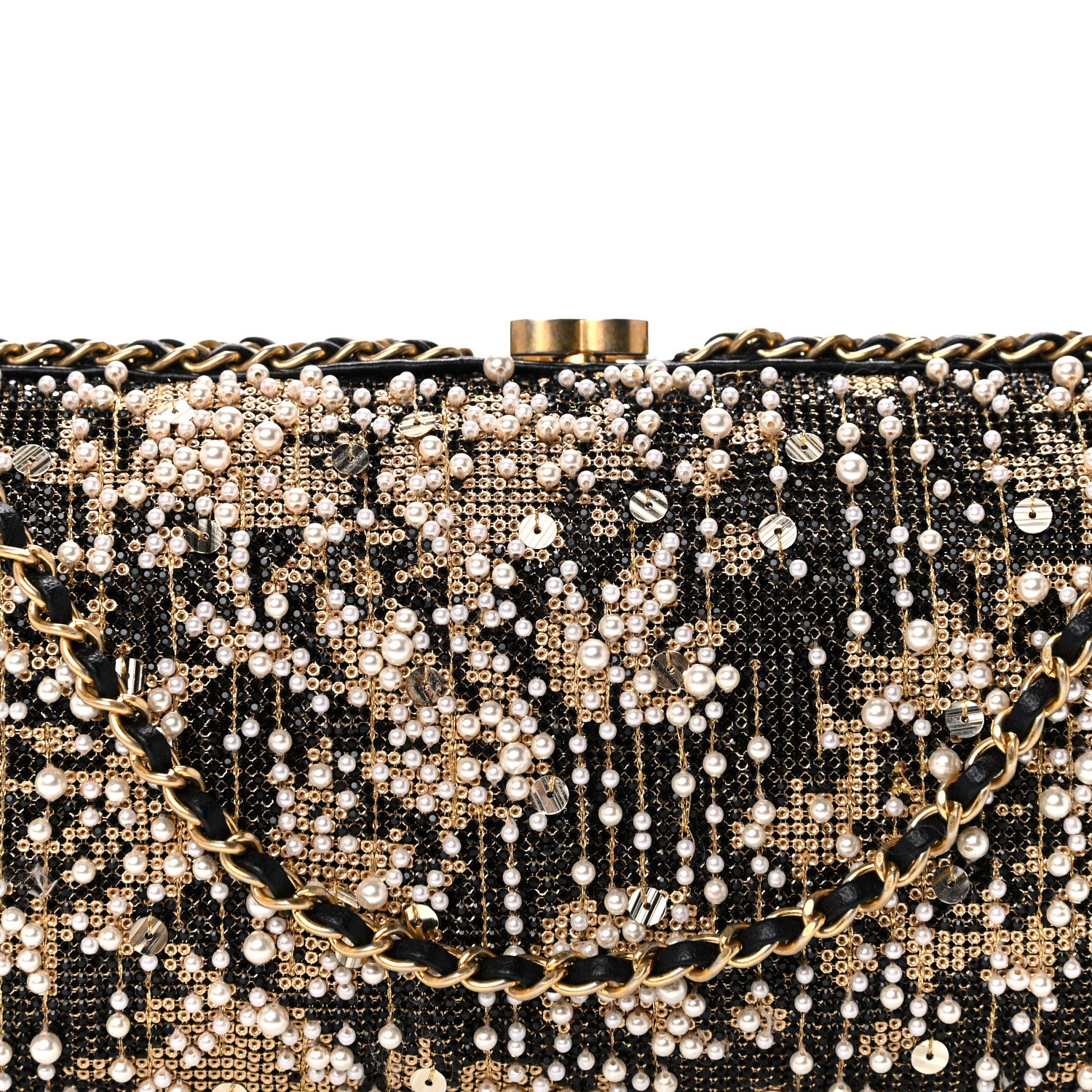 Chanel Pearl Crystal Chain Around Evening Clutch Black Gold 10 of 11