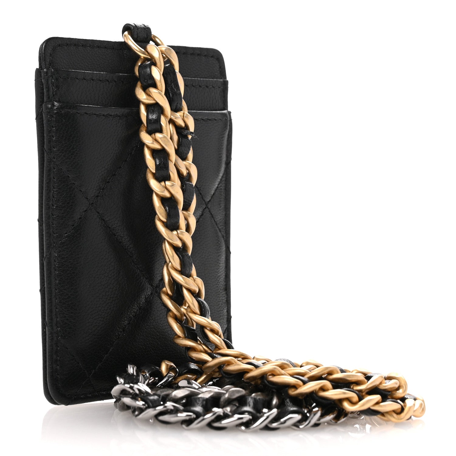 Chanel Shiny Goatskin Quilted Chanel 19 Card Holder On Chain Black 3 of 8