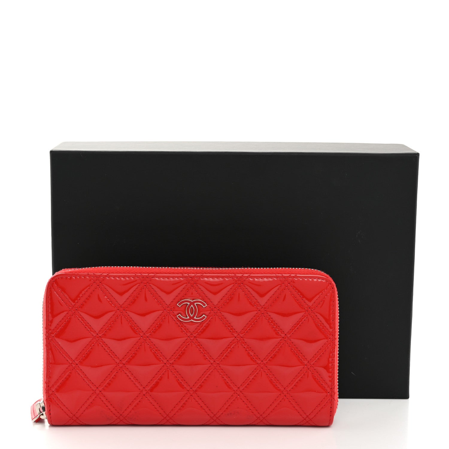 Chanel Patent Quilted Double Stitched Zip Around Wallet Red 9 of 9