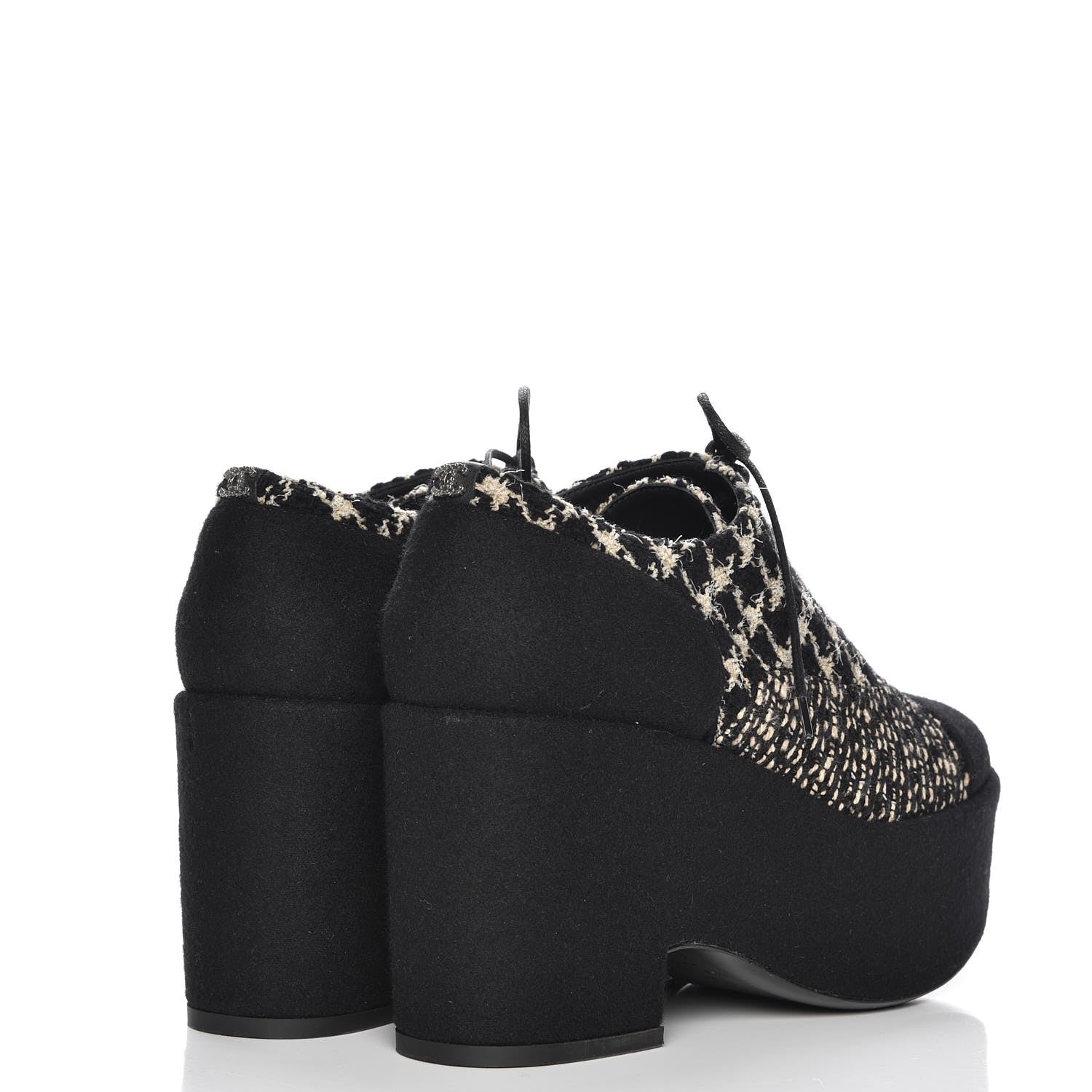 Chanel Tweed Lace Up 85 Wedges 38 Black Beige 4 of 9