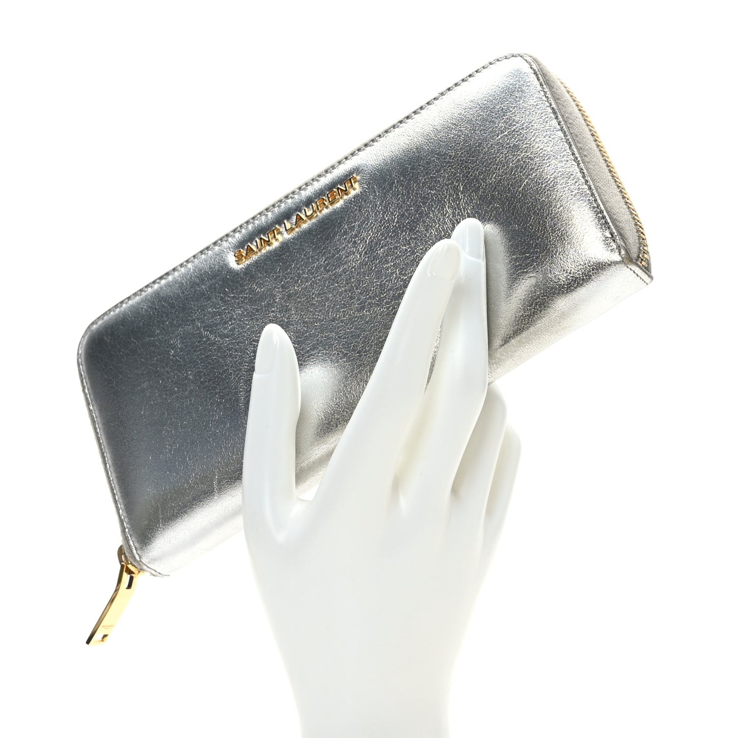 Metallic Calfskin Classic Letters Zip Around Wallet Silver