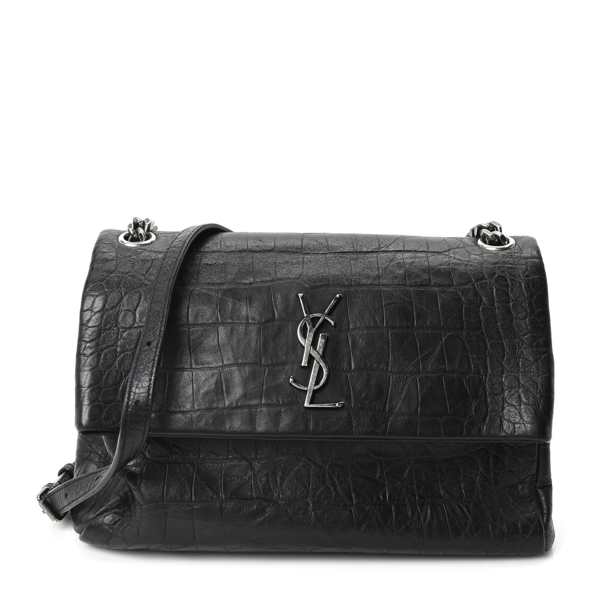 Saint Laurent Calfskin Crocodile Embossed Medium West Hollywood Monogram Fold-Over Black 1 of 10