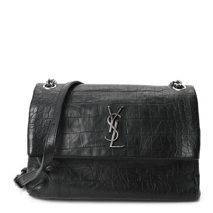 Saint Laurent Calfskin Crocodile Embossed Medium West Hollywood Monogram Fold-Over Black 1 of 10