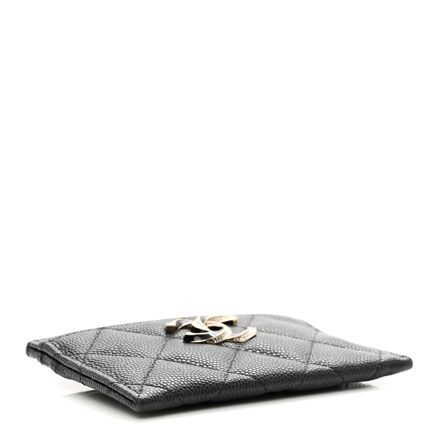 Caviar Quilted Crystal Enamel CC Card Holder Black