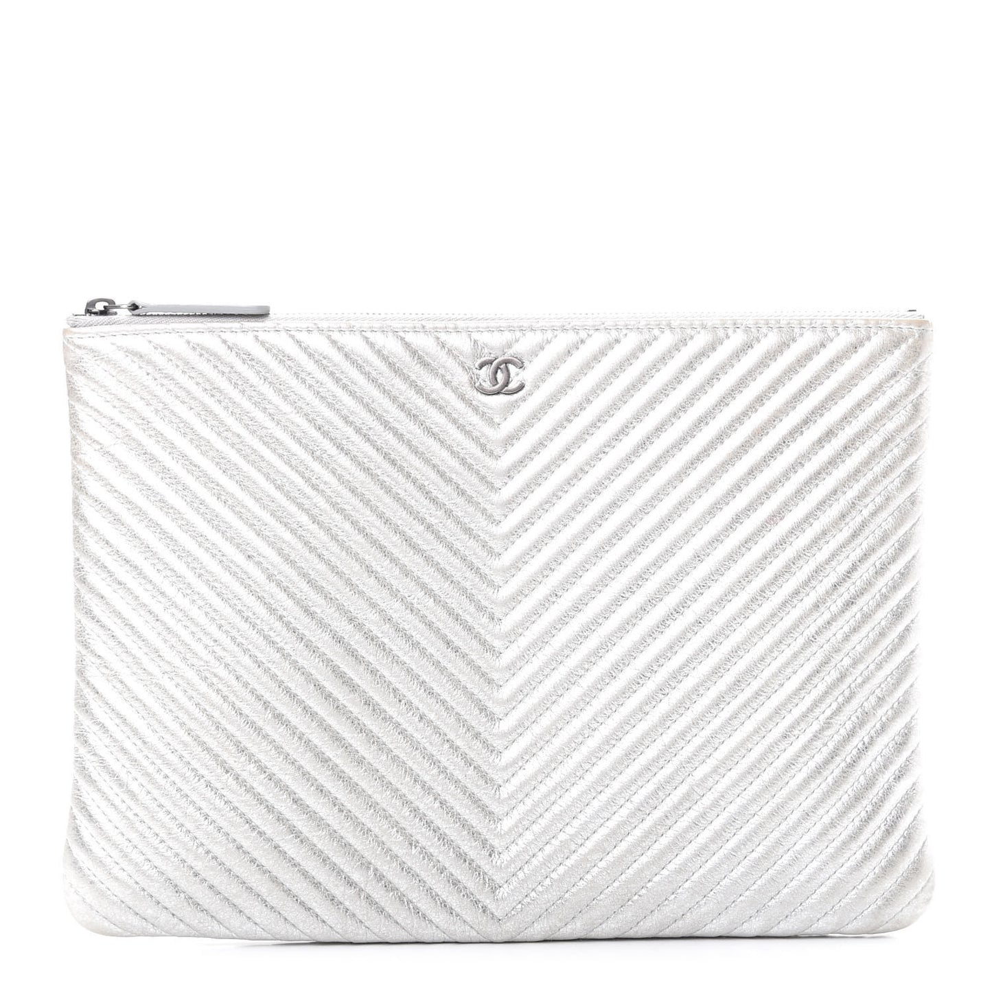 Metallic Calfskin Chevron Quilted Medium Cosmetic Case Silver