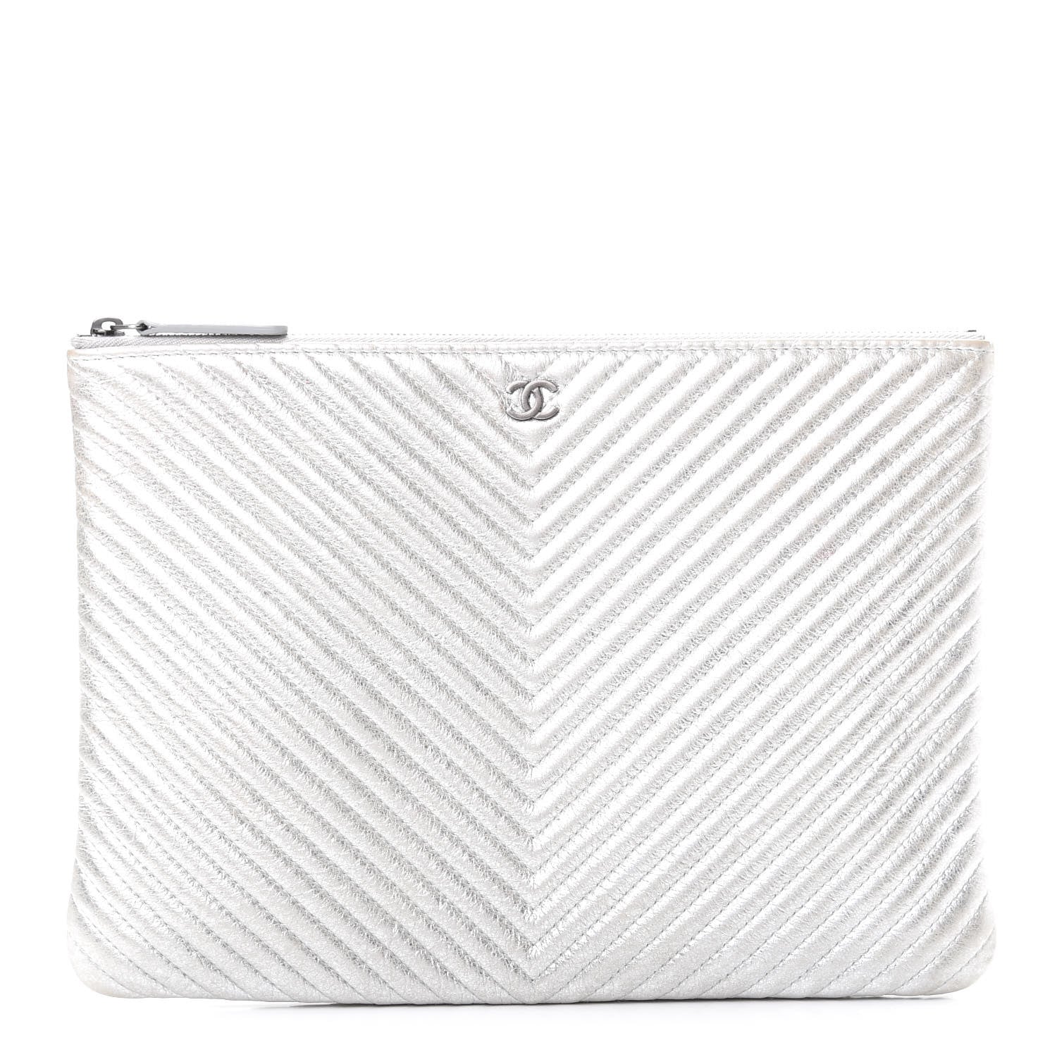 Chanel Metallic Calfskin Chevron Quilted Medium Cosmetic Case Silver 1 of 8