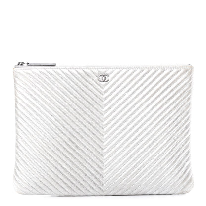 Chanel Metallic Calfskin Chevron Quilted Medium Cosmetic Case Silver 1 of 8