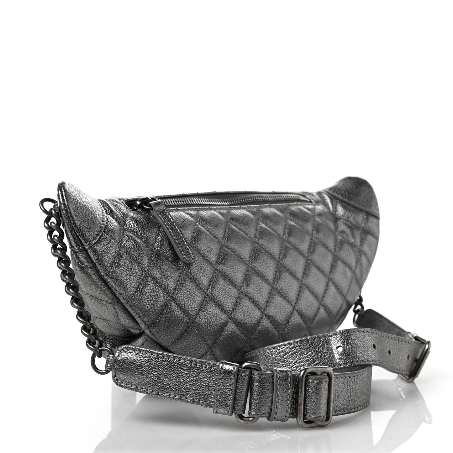 Metallic Calfskin Quilted Banane Waist Bag Fanny Pack Silver