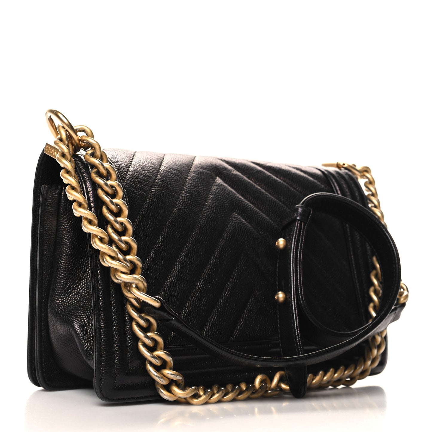 Metallic Caviar Chevron Quilted Medium Boy Flap Black