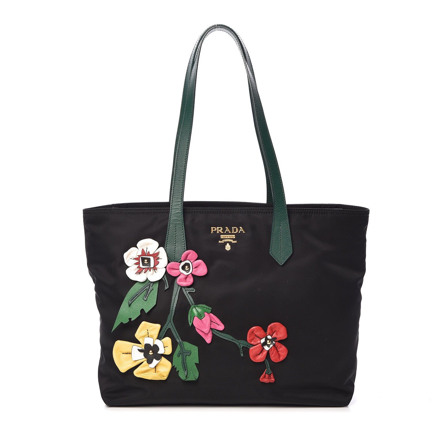 Prada Nylon Tessuto Flower Medium Shopping Tote Bag Black 496157