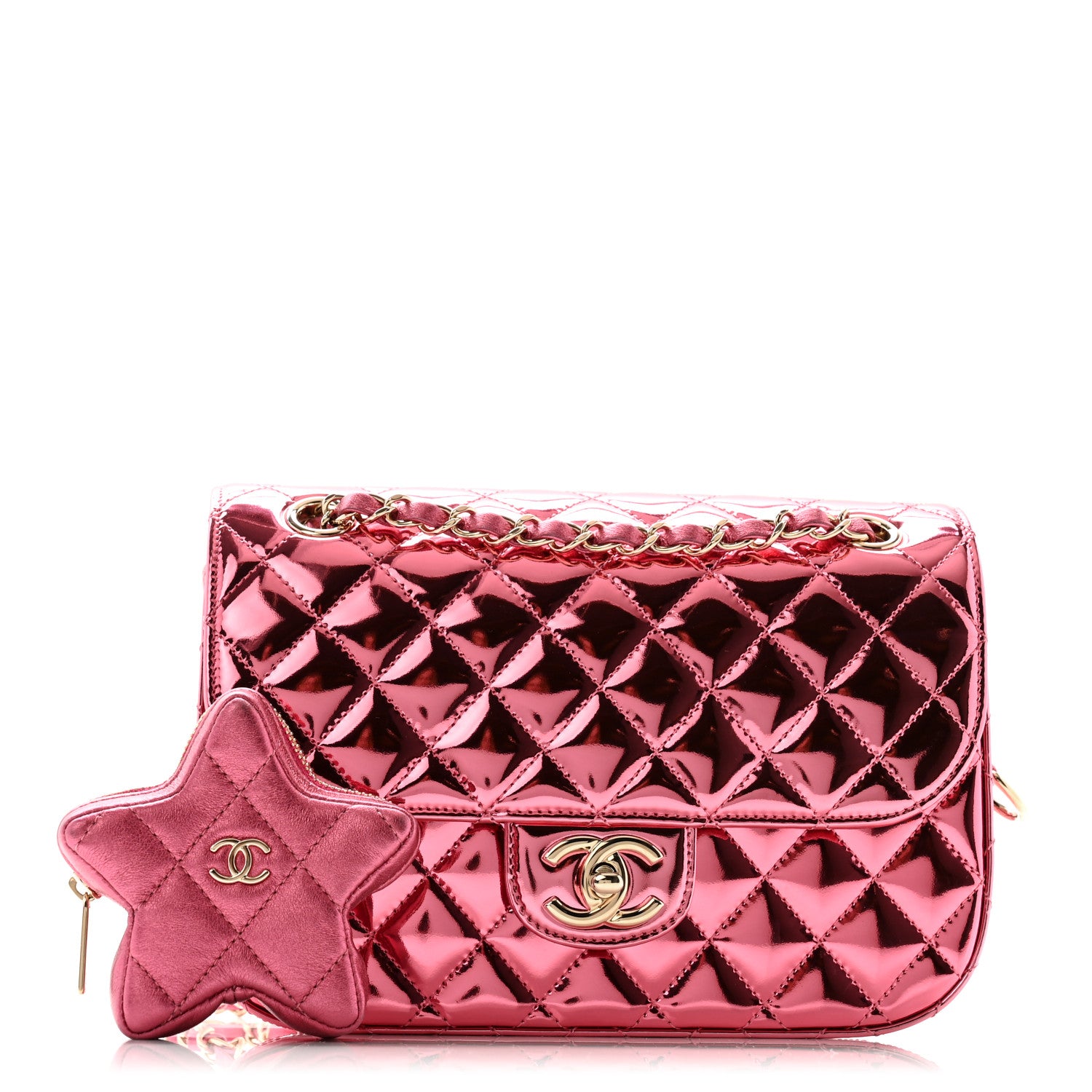 Chanel Mirror Calfskin Metallic Calfskin Medium Hollywood Boulevard Flap With Star Coin Purse Pink 1 of 11