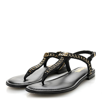 Chanel Lambskin Embroidered CC Thong Sandals 38 Black 3 of 9
