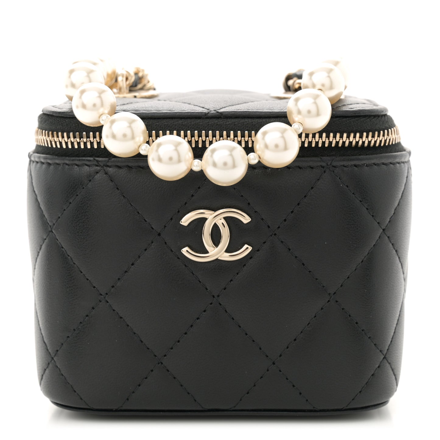 Lambskin Quilted Mini Vanity Case With Pearl Chain Black