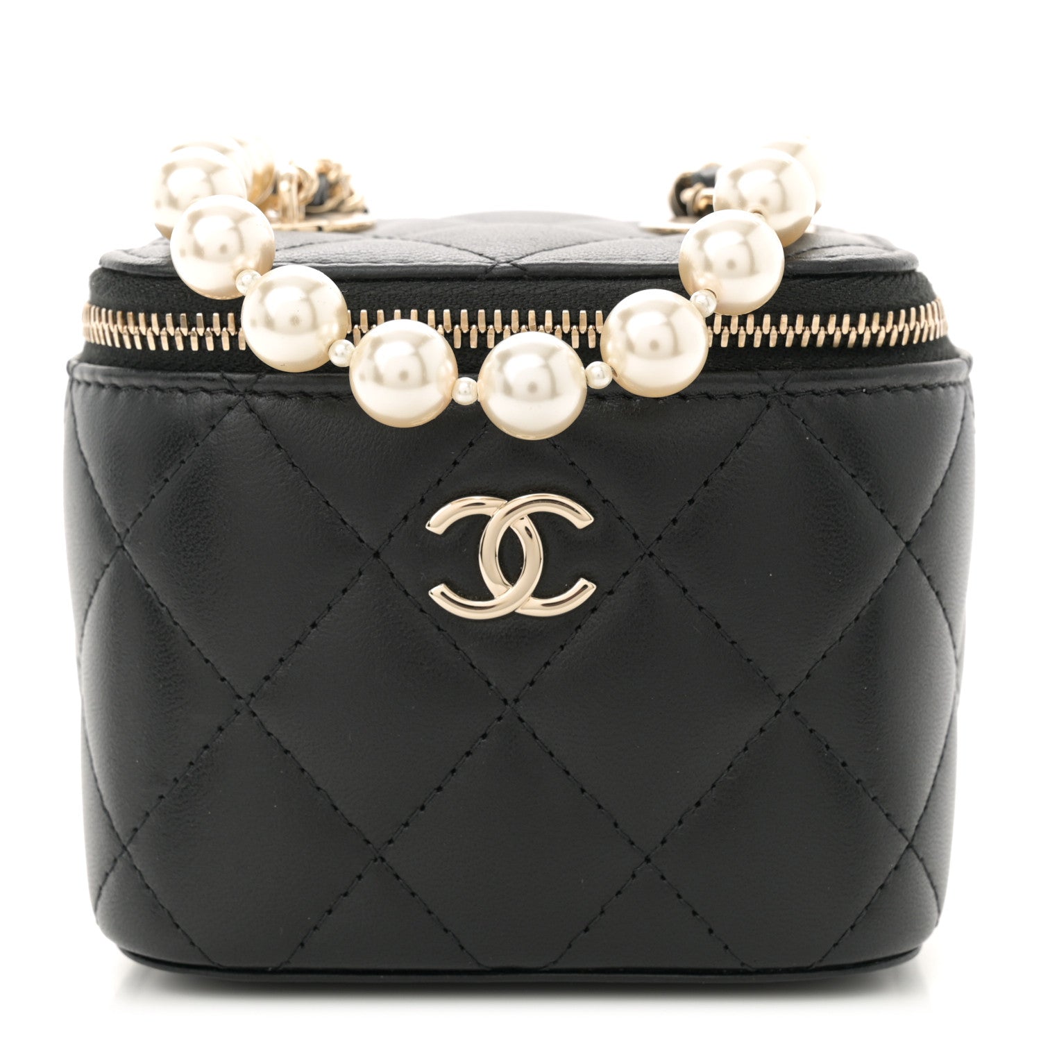 Chanel Lambskin Quilted Mini Vanity Case With Pearl Chain Black 1 of 11