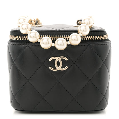 Chanel Lambskin Quilted Mini Vanity Case With Pearl Chain Black 1 of 11