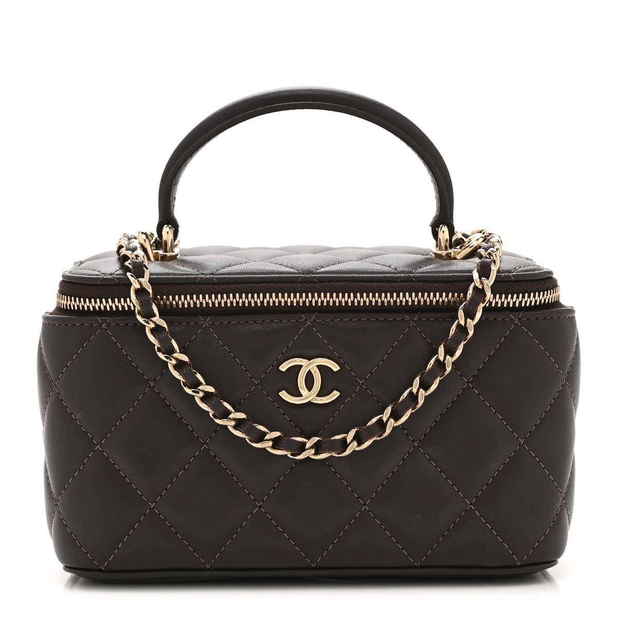 Chanel Lambskin Quilted Small Top Handle Vanity Case With Chain Dark Brown 1 of 11