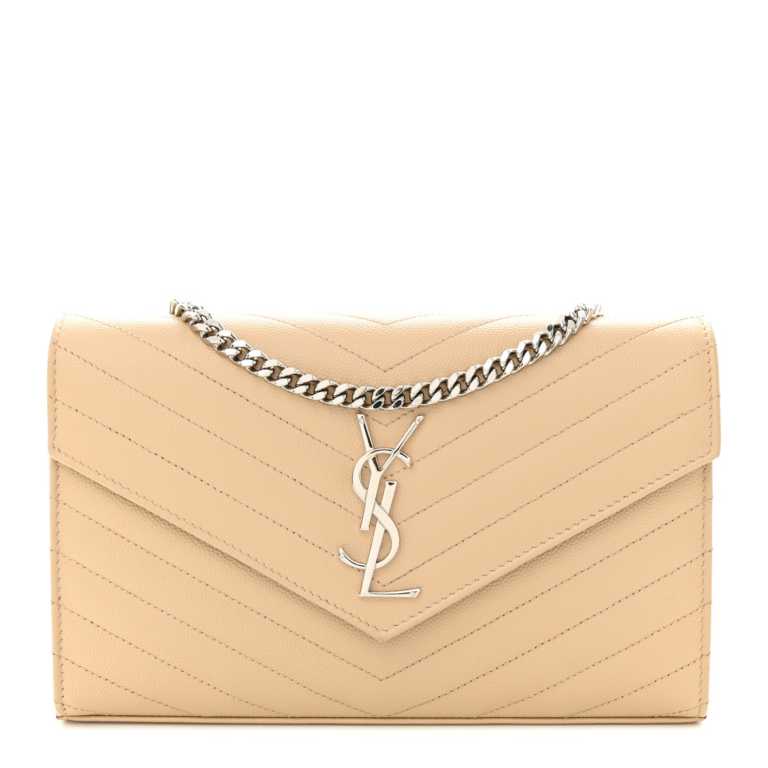 Saint Laurent Grain De Poudre Matelasse Chevron Monogram Chain Wallet Dark Beige 1 of 12