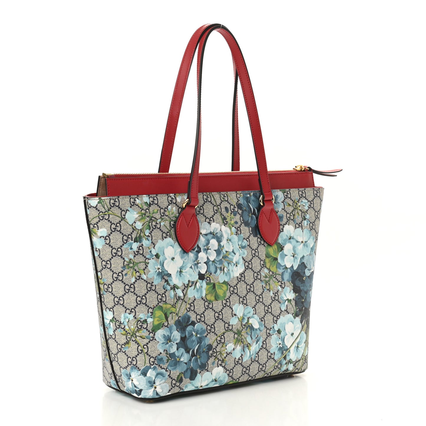 GG Supreme Monogram Blooms Medium Zippered Bucket Tote Beige Blue Navy Hibiscus Red
