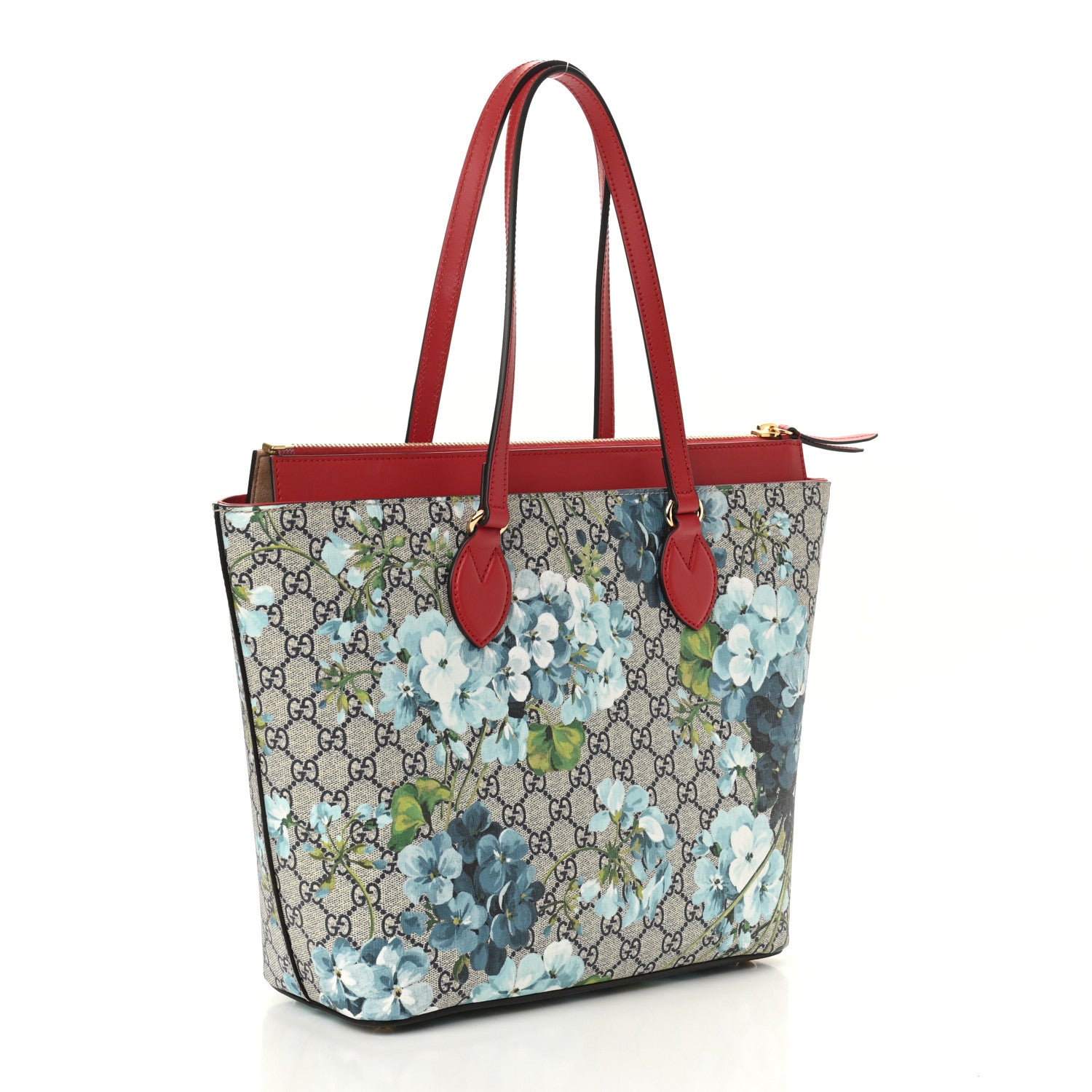 Gucci GG Supreme Monogram Blooms Medium Zippered Bucket Tote Beige Blue Navy Hibiscus Red 3 of 12