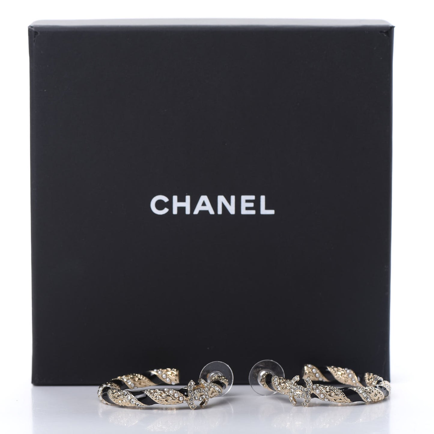 Crystal Pearl Twist CC Hoop Earrings Gold Black