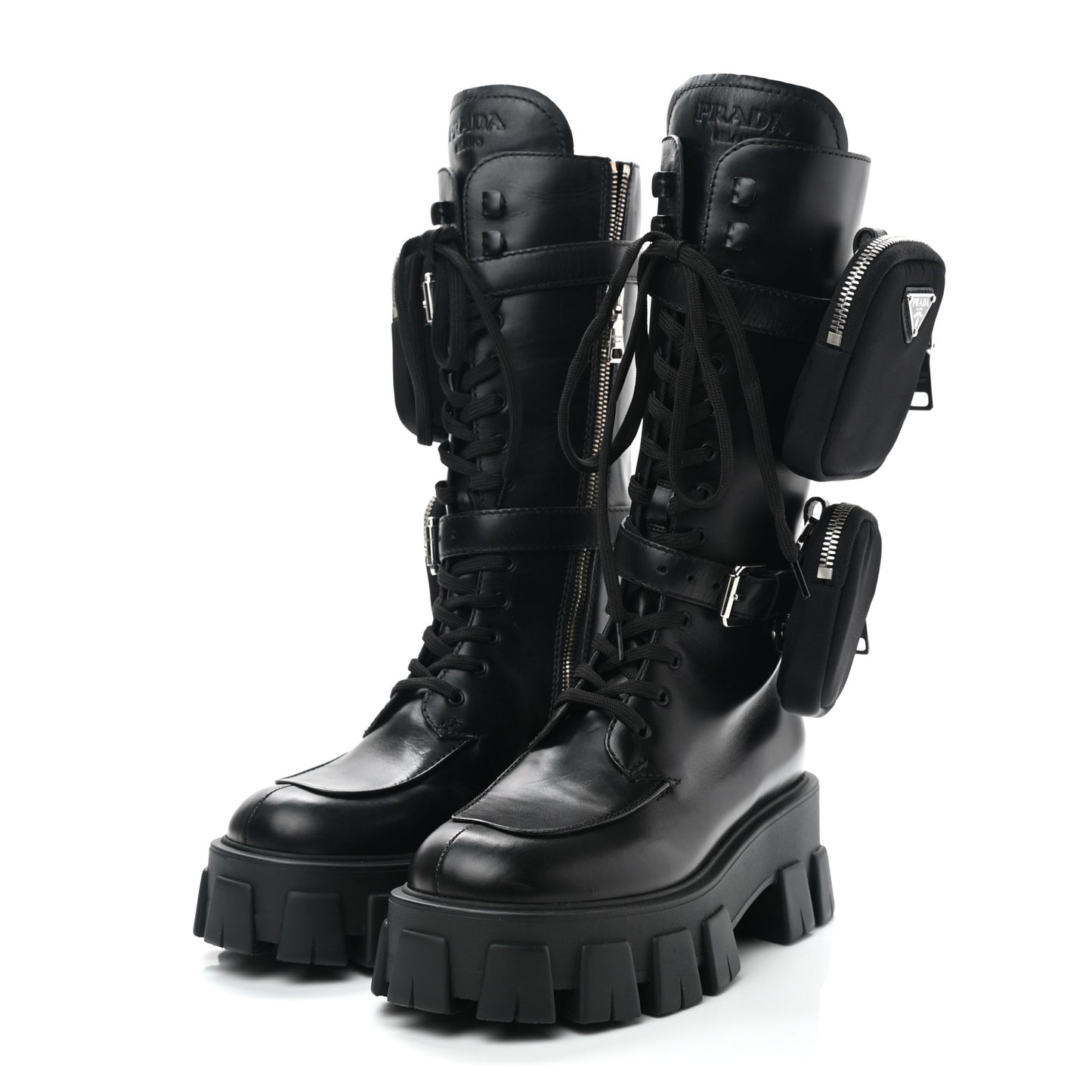 Vitello Lux Nylon Metal Triangle Logo Monolith Pouch Pocket 55mm Tall Combat Boots 36.5 Black