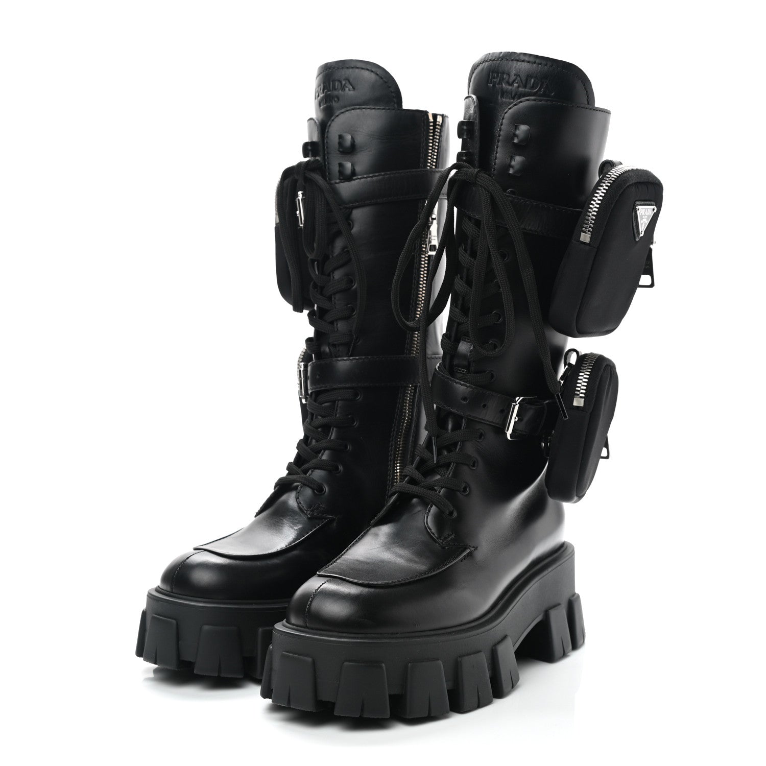 Prada Vitello Lux Nylon Metal Triangle Logo Monolith Pouch Pocket 55mm Tall Combat Boots 36.5 Black 3 of 7