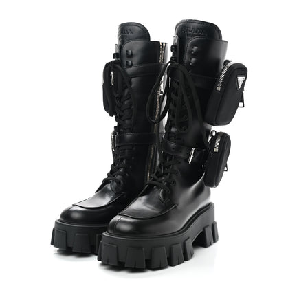 Prada Vitello Lux Nylon Metal Triangle Logo Monolith Pouch Pocket 55mm Tall Combat Boots 36.5 Black 3 of 7