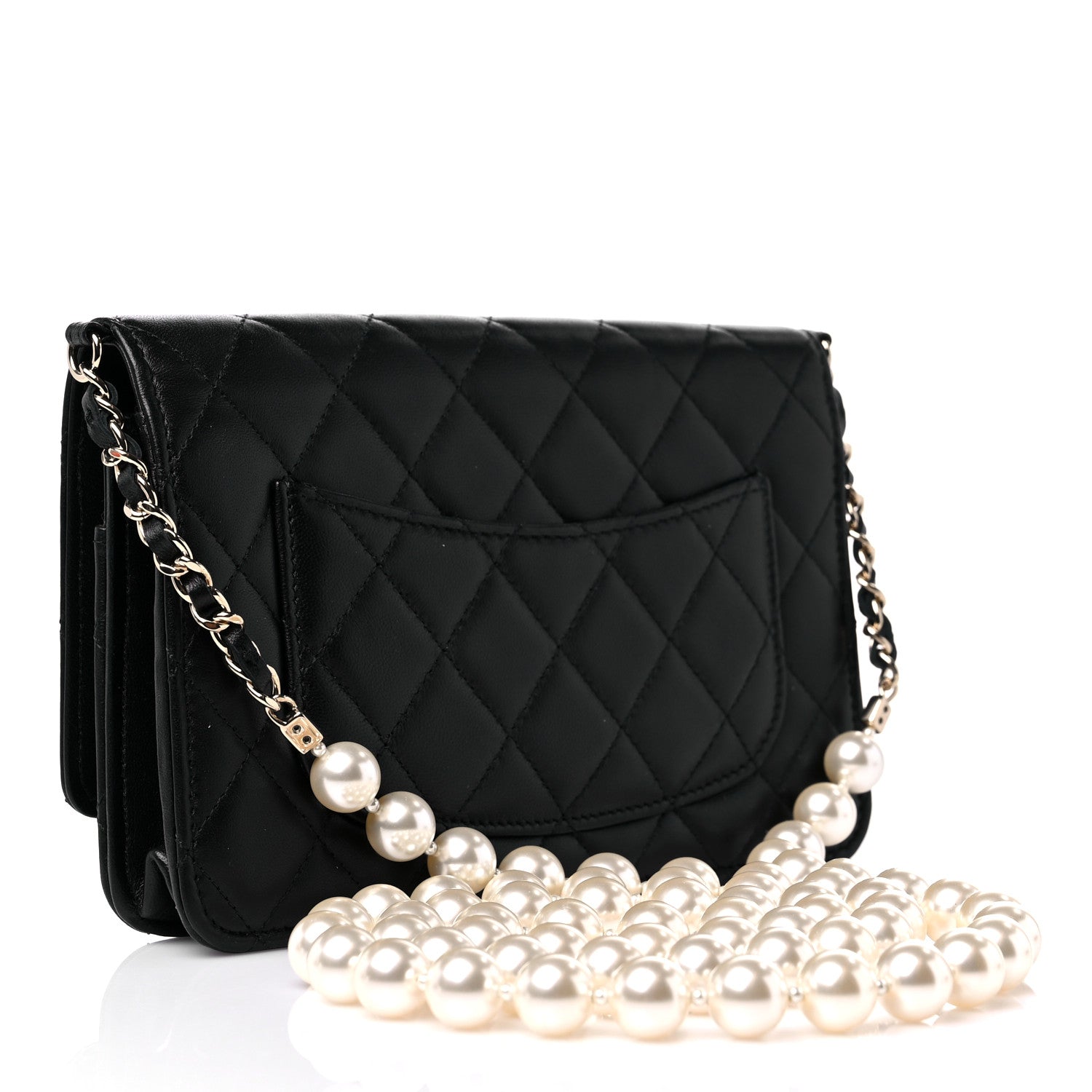 Chanel Lambskin Quilted Pearl Wallet On Chain WOC Black 2 of 14