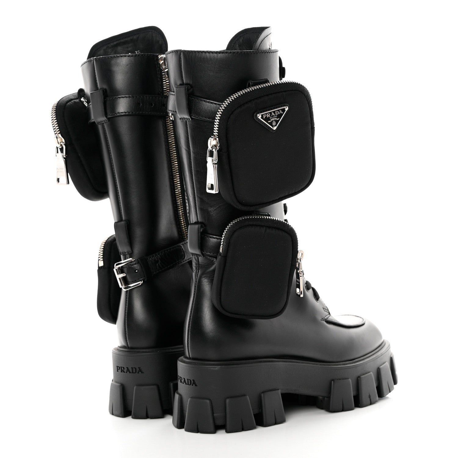 Prada Vitello Lux Nylon Metal Triangle Logo Monolith Pouch Pocket 55mm Tall Combat Boots 36 Black 4 of 13