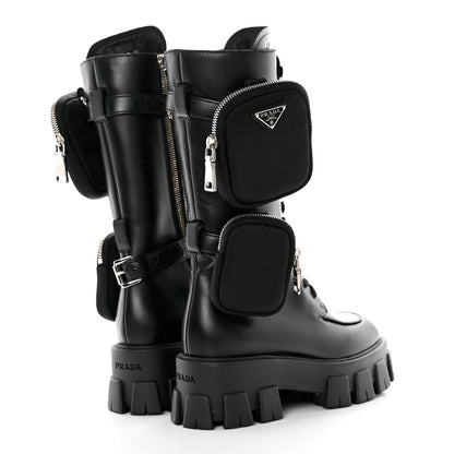 Prada Vitello Lux Nylon Metal Triangle Logo Monolith Pouch Pocket 55mm Tall Combat Boots 36 Black 4 of 13