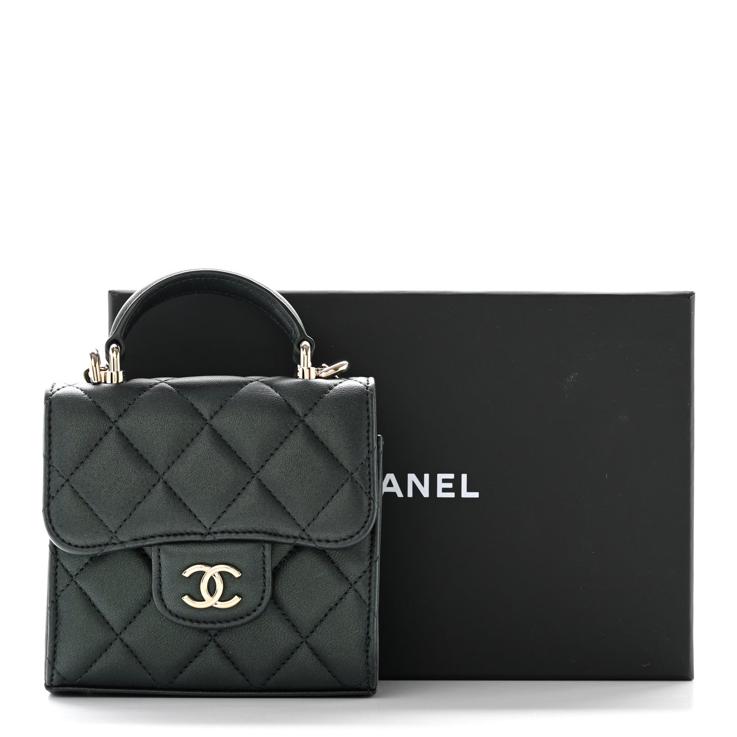 Iridescent Lambskin Quilted Top Handle Flap Clutch With Chain Dark Green