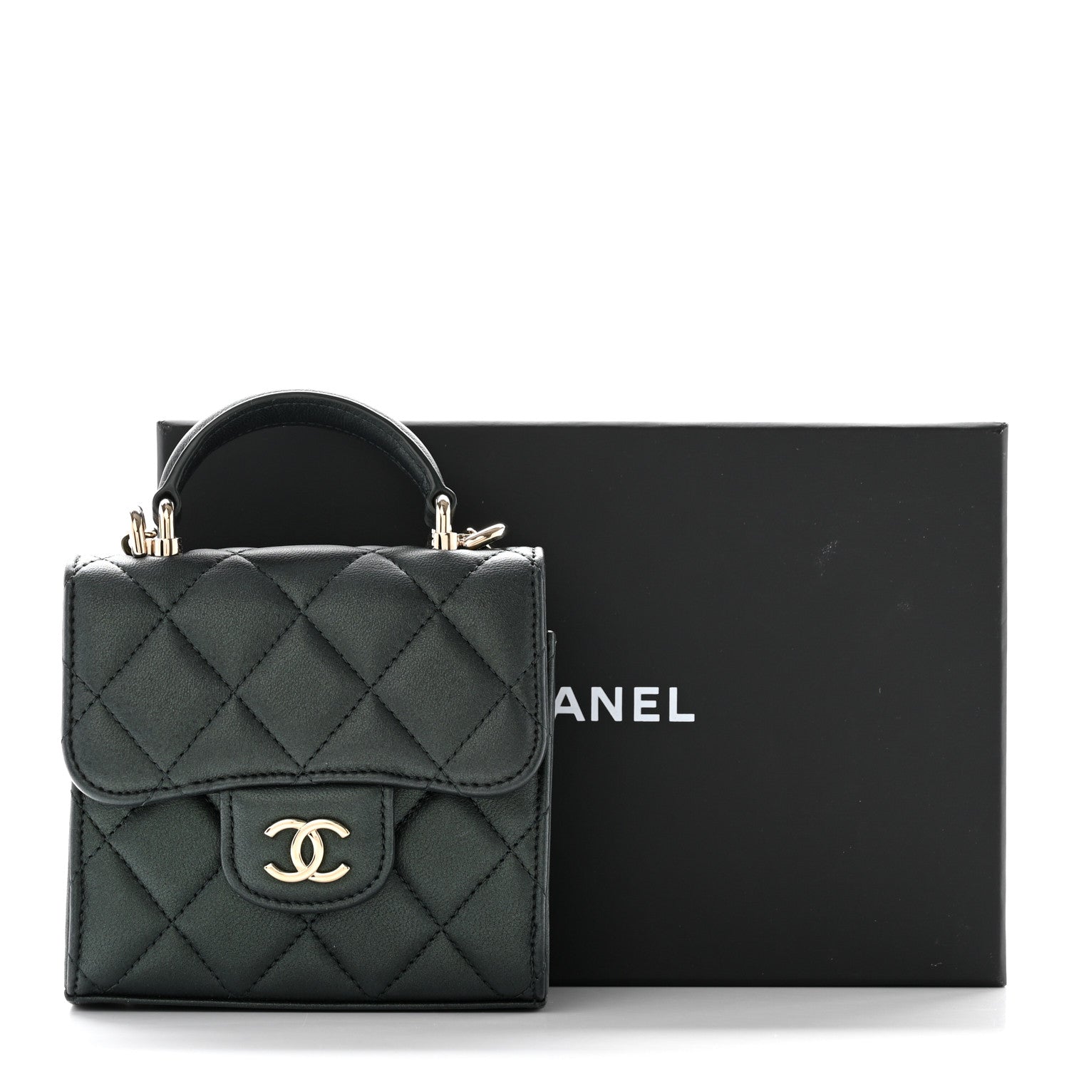 Chanel Iridescent Lambskin Quilted Top Handle Flap Clutch With Chain Dark Green 13 of 13