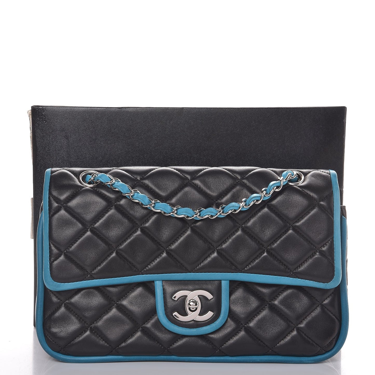 Lambskin Quilted Medium Double Flap Black Turquoise