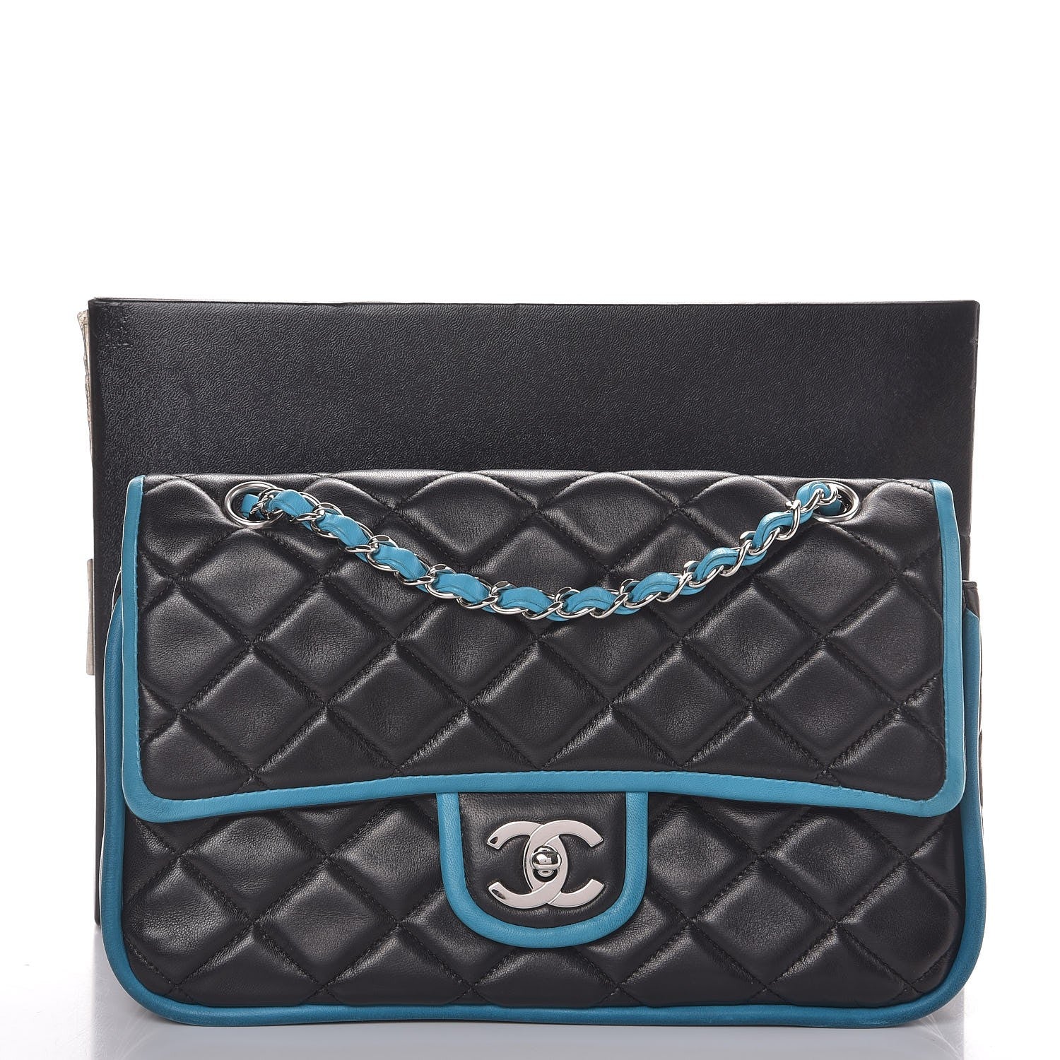 Chanel Lambskin Quilted Medium Double Flap Black Turquoise 10 of 13