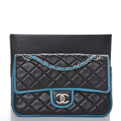 Chanel Lambskin Quilted Medium Double Flap Black Turquoise 10 of 13