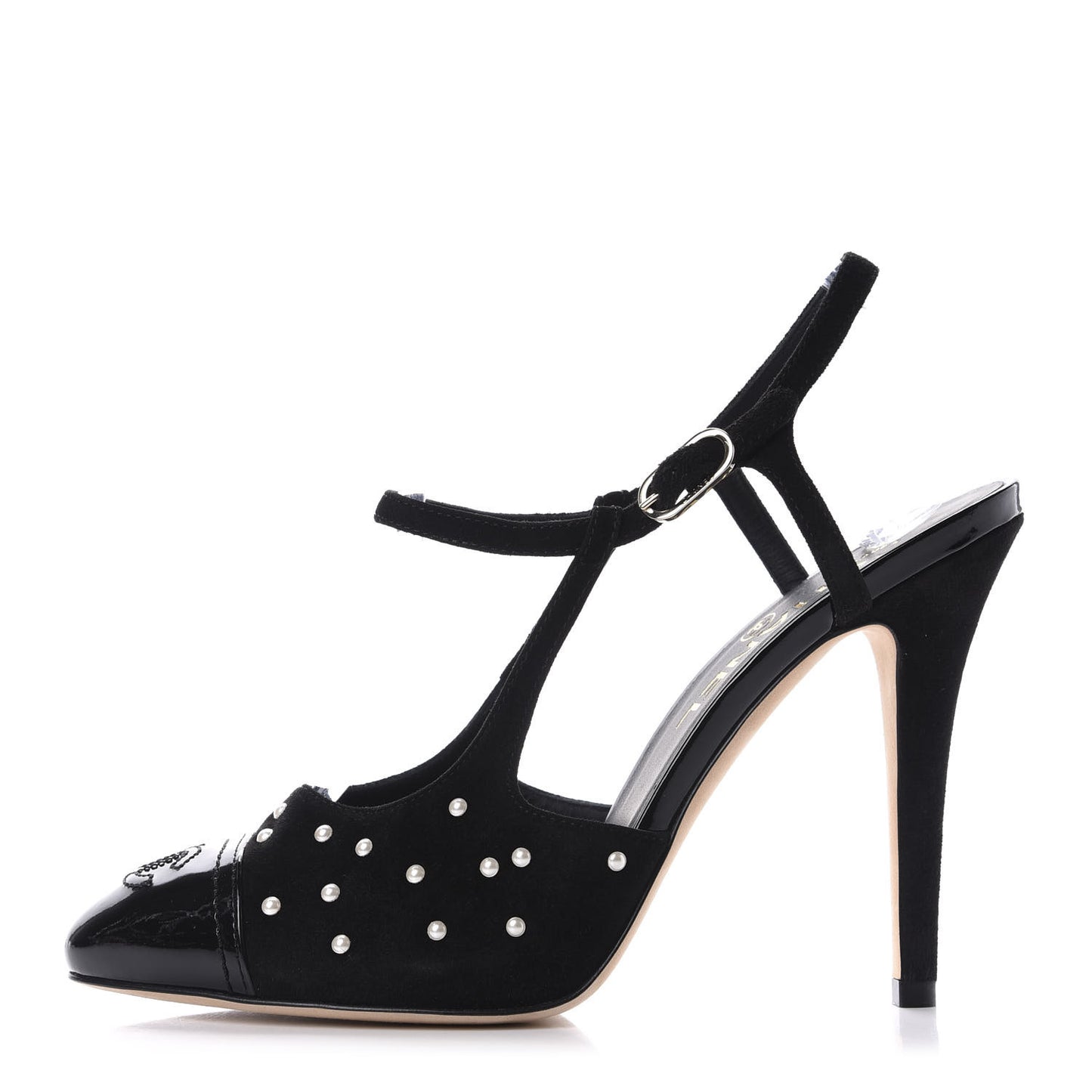 Suede Pearl Patent Cap Toe CC Ankle Strap Pumps 37.5 Black