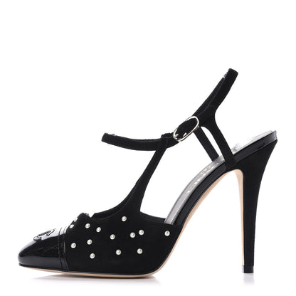 Chanel Suede Pearl Patent Cap Toe CC Ankle Strap Pumps 37.5 Black 1 of 9