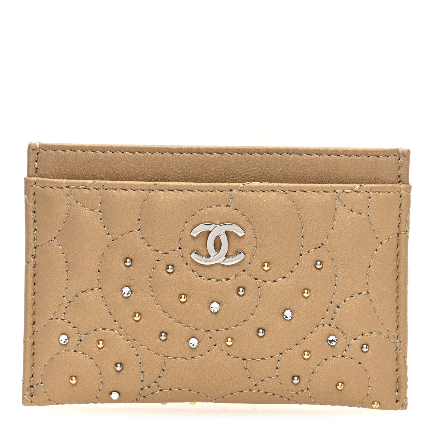 Metallic Lambskin Crystal Camellia Embossed Card Holder Gold