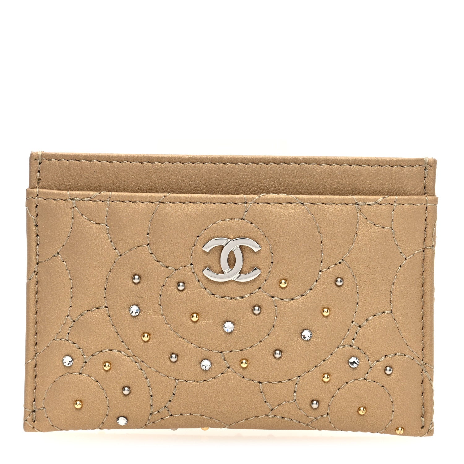 Chanel Metallic Lambskin Crystal Camellia Embossed Card Holder Gold 1 of 8